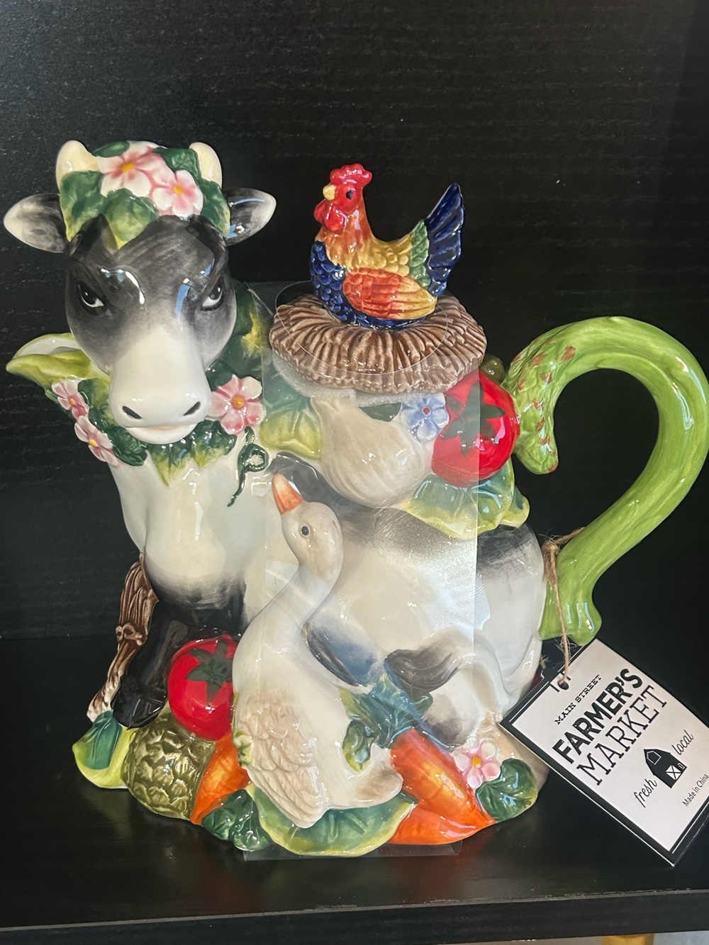 Farmers Market Multicolor Ceramic Teapot with Farm Animal Motif